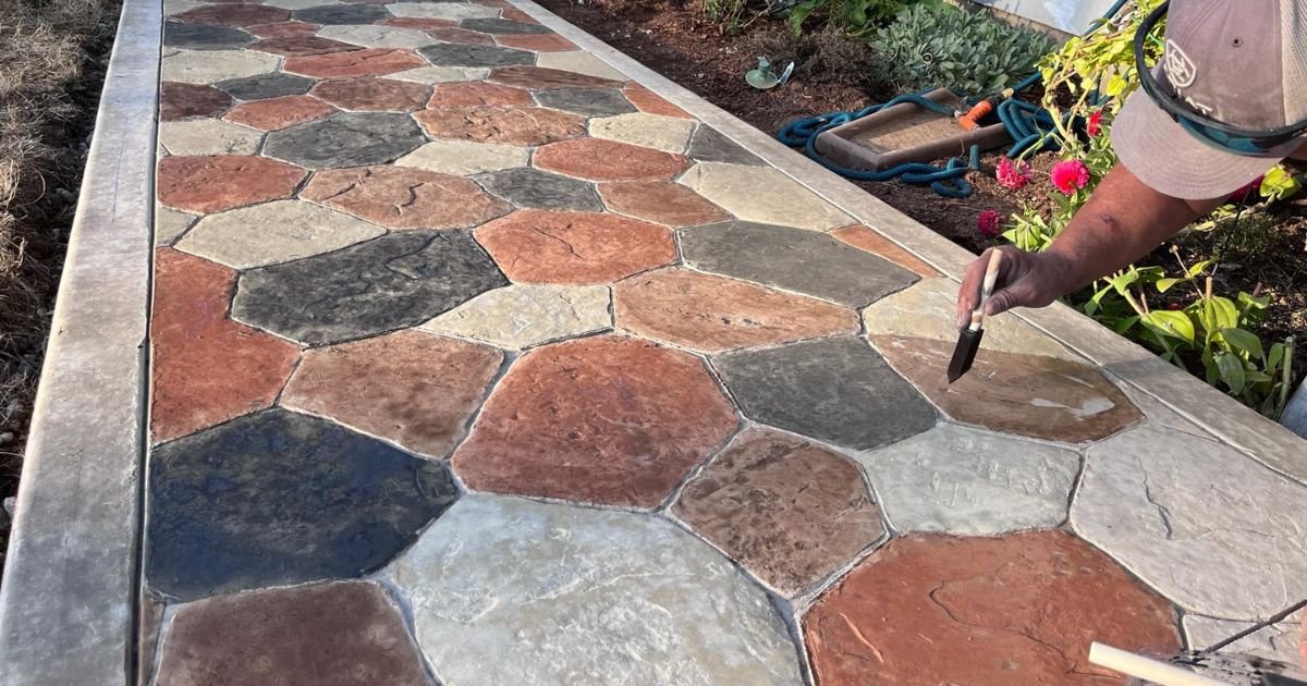 Careful hand finishing touches being applied to a decorative stamped concrete pathway by JustFaith, featuring a variety of rich colors and unique patterns that enhance the outdoor landscaping.