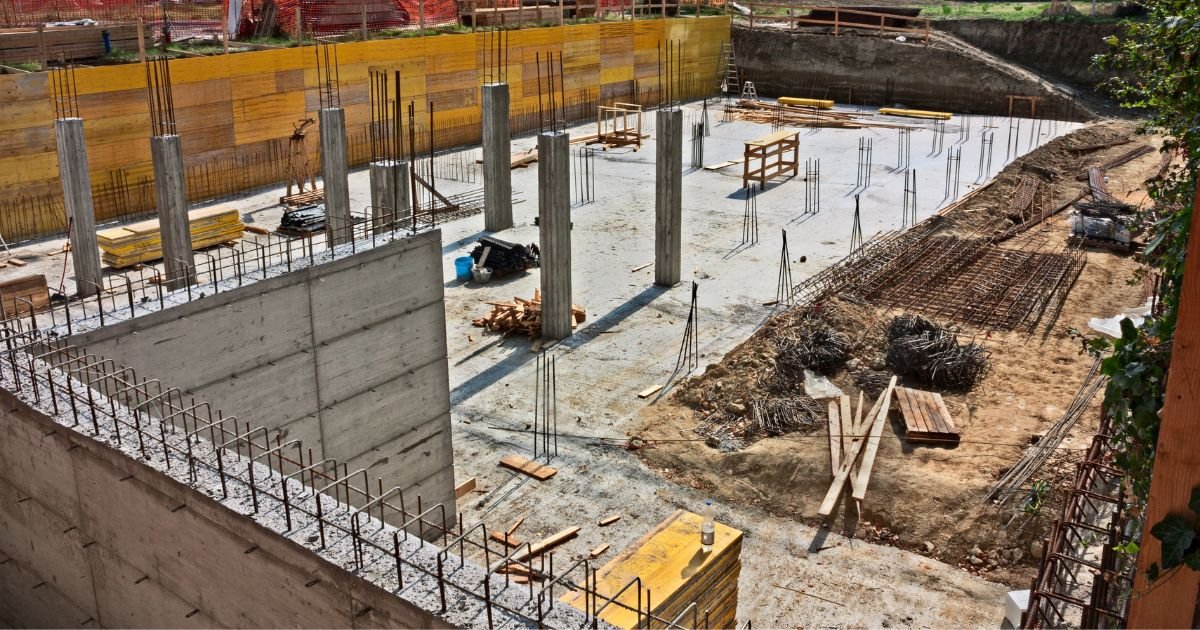 Active construction site by JustFaith showcasing the skilled installation of concrete foundations, with the meticulous preparation of concrete slabs, and the structural setup for driveways and retaining walls, ensuring lasting stability for both residential and commercial structures in Portland.