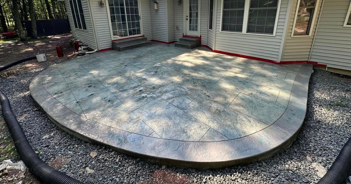 This spacious stamped concrete patio, crafted by JustFaith, exemplifies a functional yet stylish outdoor area, designed for enjoyment and crafted to blend seamlessly with the residential landscape.